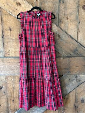 J. Crew Red Plaid Tiered Ruffle-Sleeve womens Dress